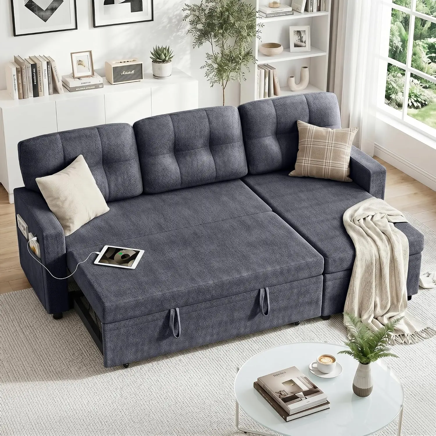 L Shaped Sleeper Sofa With USB, 3-Seater Pull Out Bed With Storage Chaise, Reversible Convertible Sofa For Living , Customized