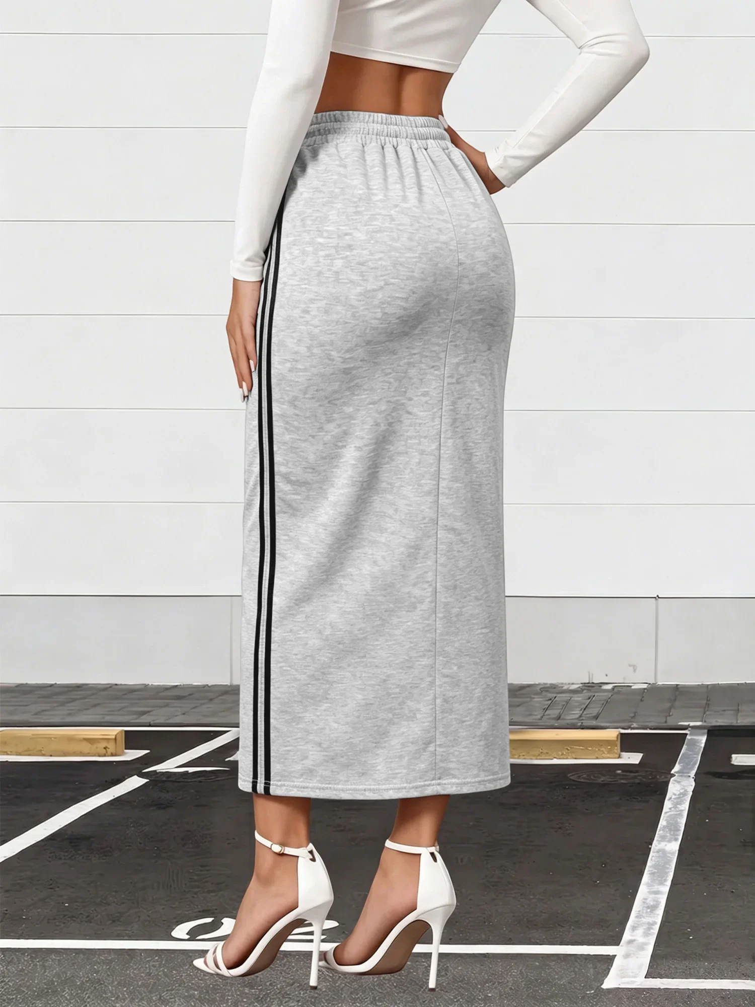 Outdoor Walking Athletic Midi Skirt Side Tape Detail Slit Sweat Skirt Relaxed Fit High Waist Bottom
