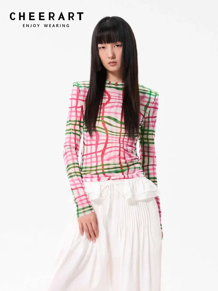 CHEERART Designer Drawing Plaid Long Sleeve Mesh Top Woman T Shirts Pink See Through Tees Cute Tops Fall 2026 Fashion