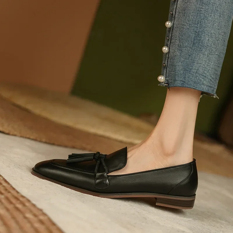 Ladies Leather Shoes Spring Simple Small Leather Shoes Female British Personality Tassel Single Shoe Soft Leather Women Shoes