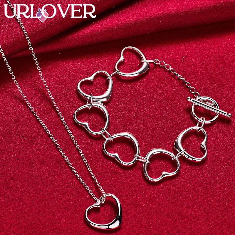 

URLOVER 2pcs/lot 925 Sterling Silver Full Heart Pendant Chain Necklace Bracelet Set For Woman Party Birthday Fashion Jewelry