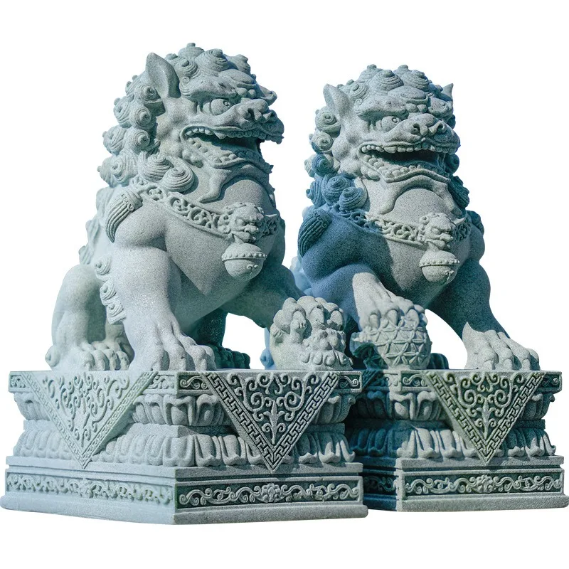 A pair of 25cm Chinese blue sand stone lions, Guochao ornament in front of the tomb, auspicious beast creative home living room