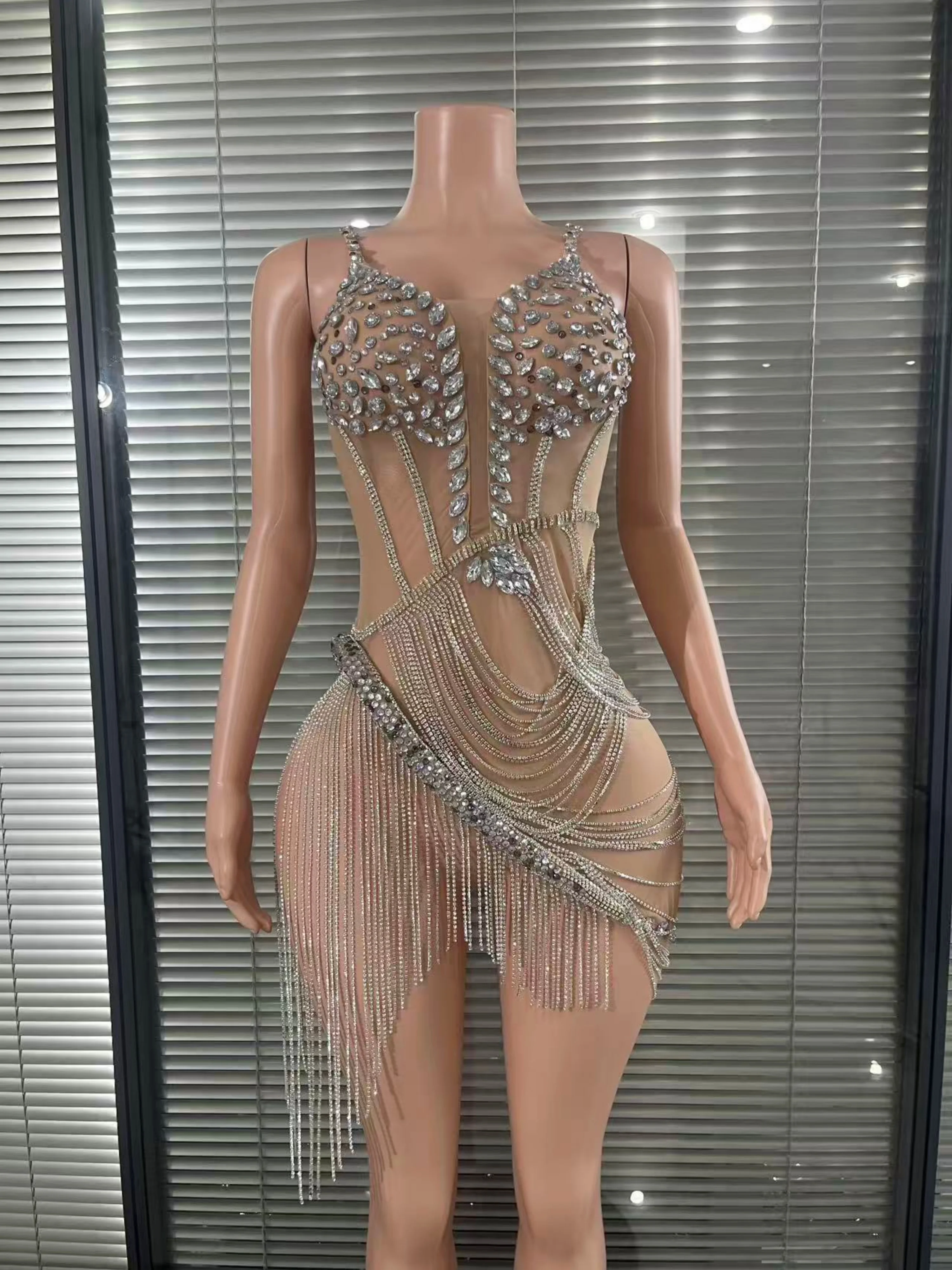 Opulent Sexy Gold Dance Dress Shining Rhinestone Tassel Latin Dance Dress Club Party Birthday Evening Dress Stage Gala