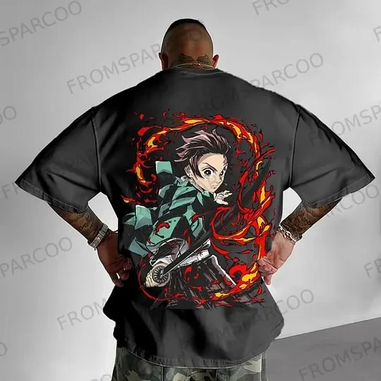 鬼滅の刃 Tシャツ ブラック コットン 半袖 トップス 竈門炭治郎 背面プリント 水呼吸 炎デザイン メンズ 2025