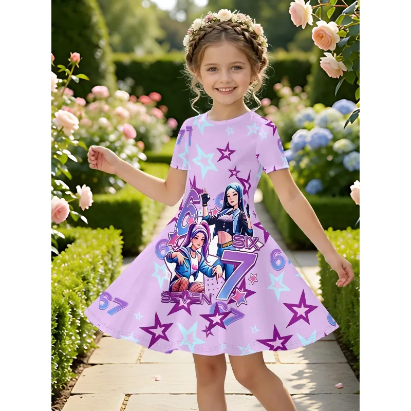 Cute Star Digital Printed Girl Casual Dress with Cartoon Character Design Short Sleeve A-line Dress Suitable for Birthday Gifts
