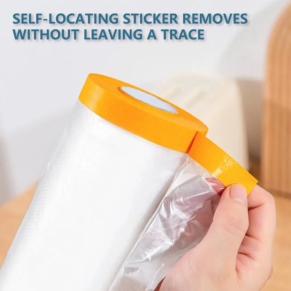 Painter Plastic With Tape, Pre-Taped Masking Film,Paint Adhesive Protective Film Roll For Covering Skirting, Cars And Auto Body