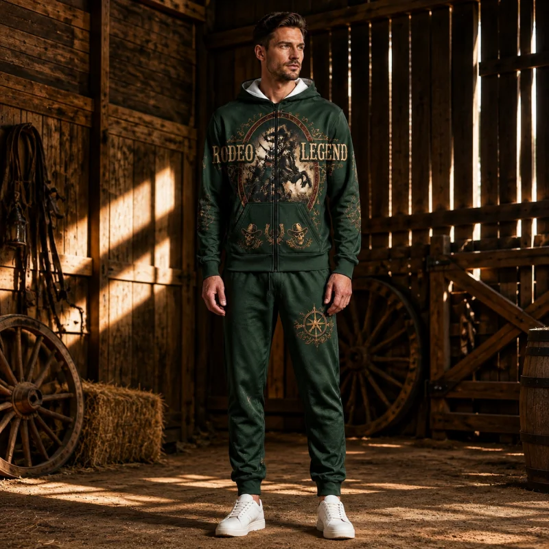 Men's Dark Green Tracksuit 2Pcs Set Zip Up Hoodie Sweatpants Rodeo Legend Cowboy Horse Graphic Western Streetwear