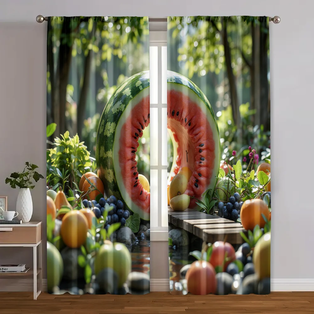 2pcs, Minimalist Curtains With giant watermelons and colorful fruits Versatile 100% Polyester (without rod) Thermal Insulation,