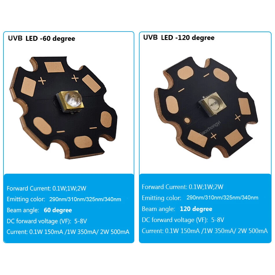 UVB LED Beads 310nm 290nm 340nm 325nm UV 0.1W 1W 2W DC5-7V Ultra Violet Lamp Light-Emitting Diode with 20mm Copper Substrate