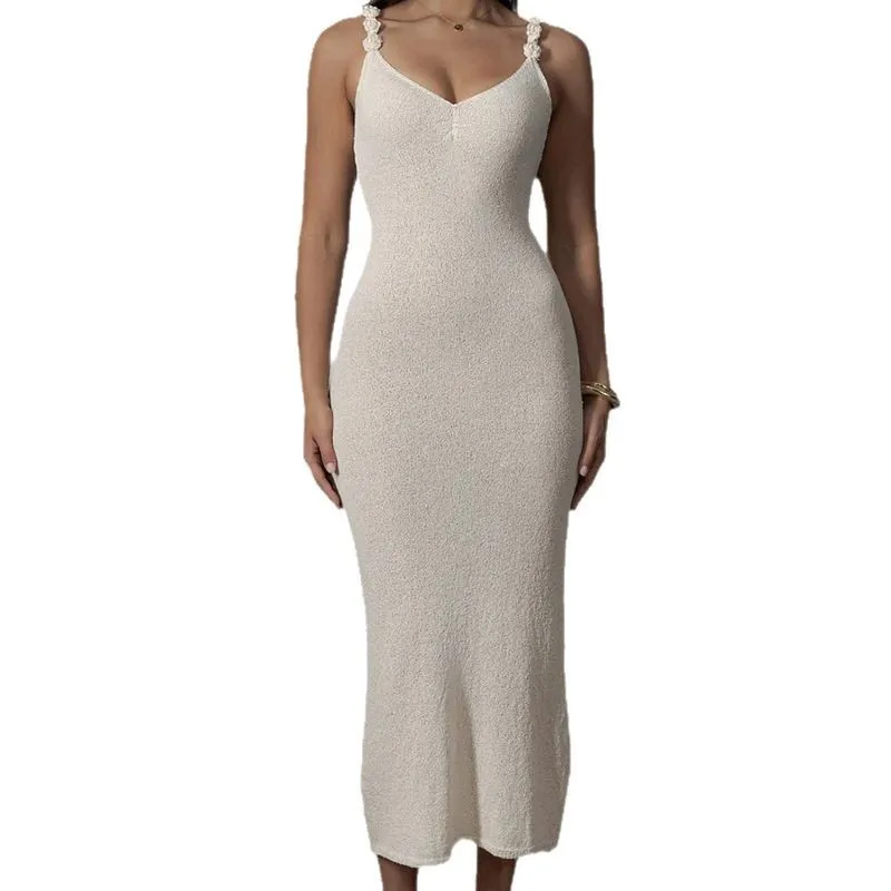 European and American 's Fashion Vacation Style Strap Bodycon with 3D Flowers Hot Girl Knitted Dress Women