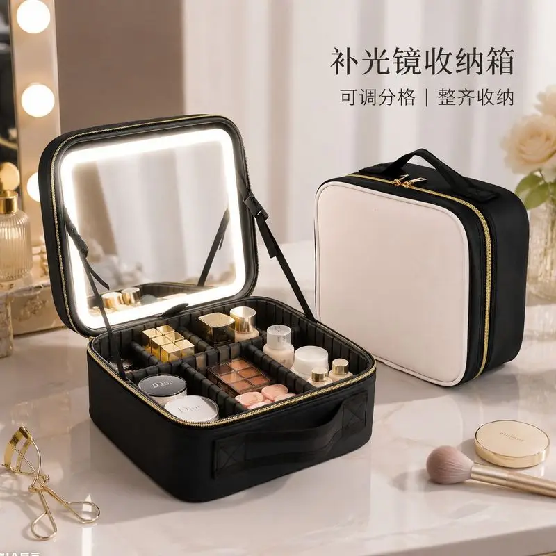 Stylist makeup bag with compartments, portable for outdoor use, includes mirror and light, large capacity cosmetic organizer