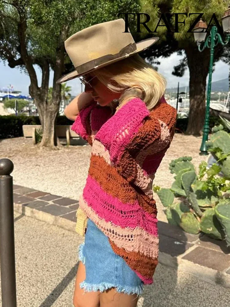 TRAFZA-Conjunto de 2 piezas para mujer, suéter de manga corta a rayas de Jacquard, pantalones cortos ahuecados, moda informal, Otoño, nuevo