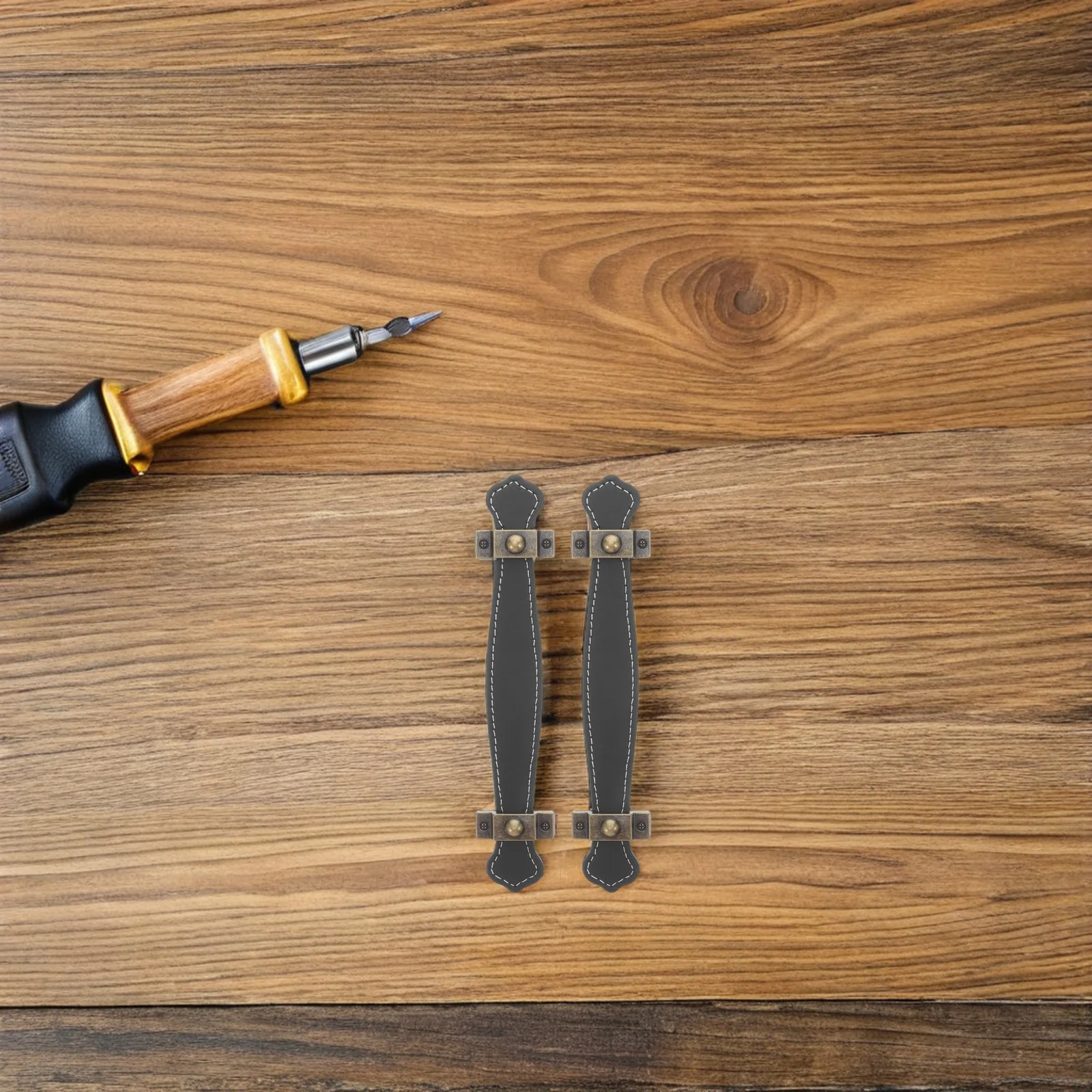 

2Pcs PU Handle Zinc Alloy Vintage Style Drawer Pulls Cabinet Door Handles Black for Furniture Decoration