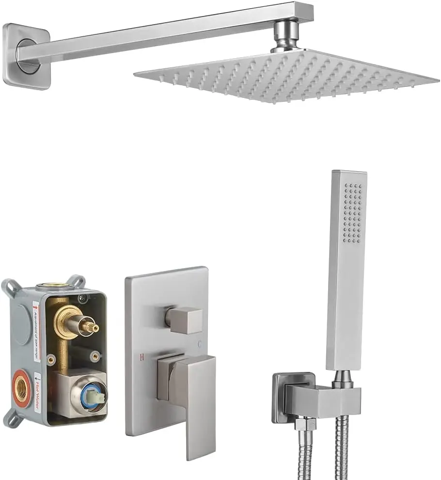 

Shower Combo Set Wall Mounted Rainfall Head System Shower Faucet Rough-in Valve Body and Trim Included