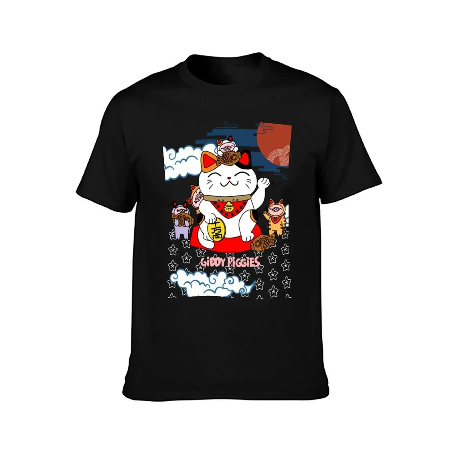 Giddy Piggies With Lucky Cat T-Shirt, Summer Casual Cotton Tee, Oversized Streetwear Tops, Vintage Graphic Print, 100% Cotton