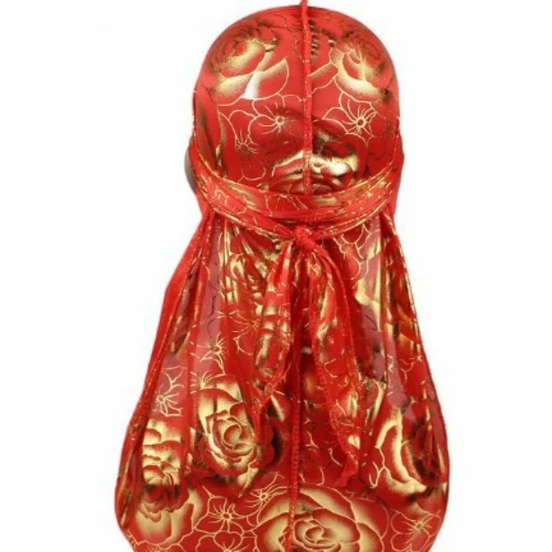 Rose Simulation Silk Long Tail Hat Hip Hop Cape Hat Durag Headscarf Headwear Unisex Fashion Breathable Adjustable