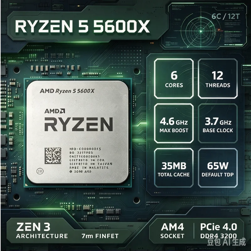 AMD Ryzen5 5600X Procesador AM4 3.7GHz 6 Núcleos 12 Hilos 32M Caché L3 7NM 65W DDR4 Para Juegos Sin Ventilador