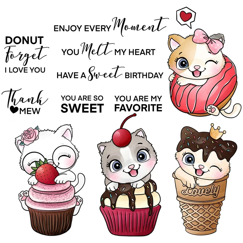 

Cute Kitty Cats Cupcakes Cutting Dies Clear Stamps DIY Scrapbooking Metal Dies Silicone Stamps For Cards Albums Decor