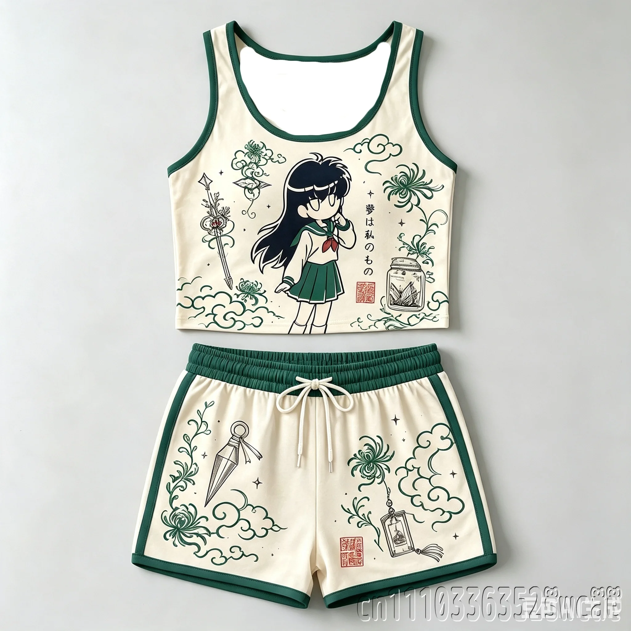 Anime Inuyasha Printed Crop Tank Top and Shorts Set Women Hot Girl Tank Casual Two Piece Outfit Streetwear FamilyMatching