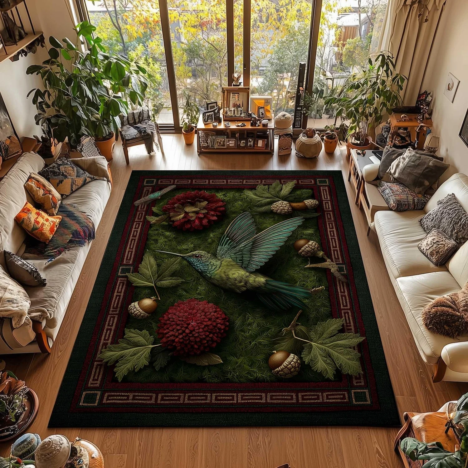 Hummingbird Pattern Green Carpet, Floral Pattern Country Style Carpet