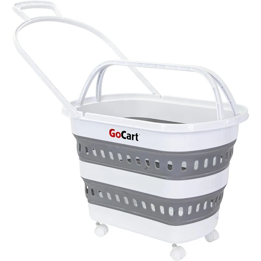 dbest products Folding Gocart Collapsible Laundry Basket on Wheels Grocery Cart Shopping Pop Up Plastic Hamper Tote Handles