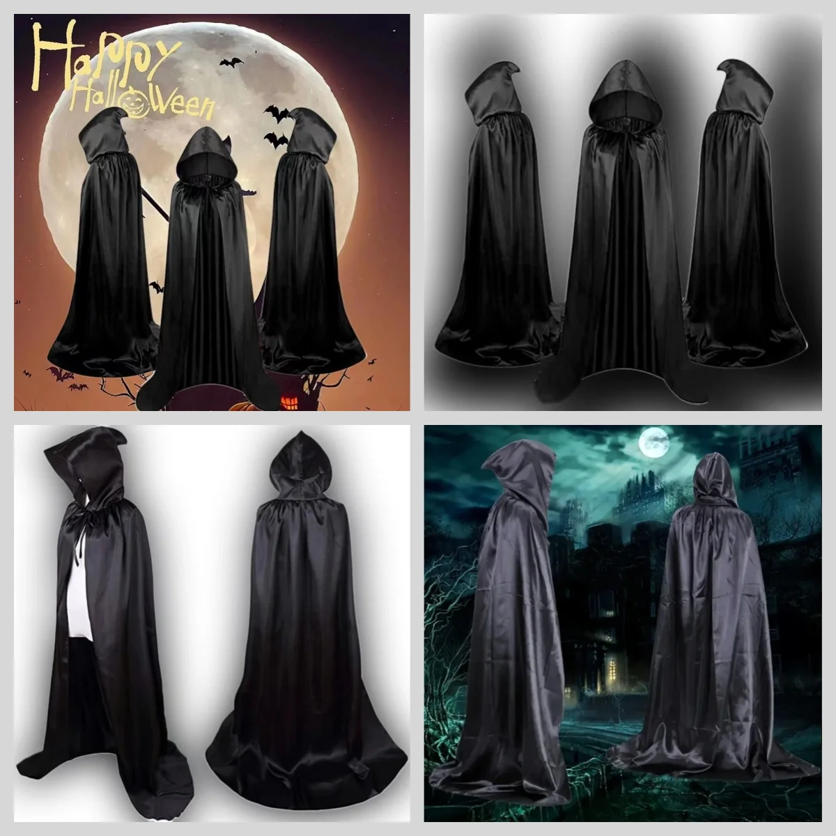 Halloween Masquerad Cloak Hooded Black Robe Witch Long Cape Cosplay Costume Prop Party Performance Supplies Holiday Decoration