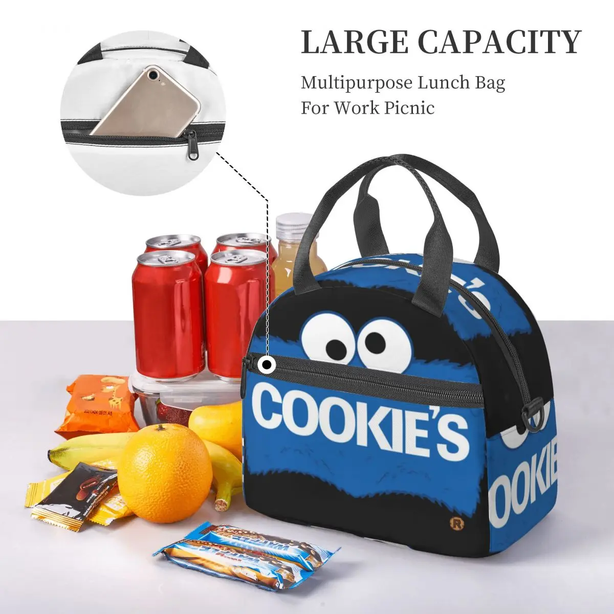 Large Insulated Lunch Tote Bag With Adjustable Shoulder Strap Cookies Monsters Product Lunch Boxes Thermal Cooler