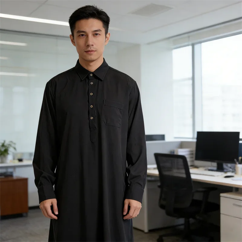 

New Saudi Arabic Men Buttons Long Sleeve Robe Kaftan Abaya Dress Muslim Dubai Turkey Gown Ramadan Jubba Thobe Daffah Dishdasha