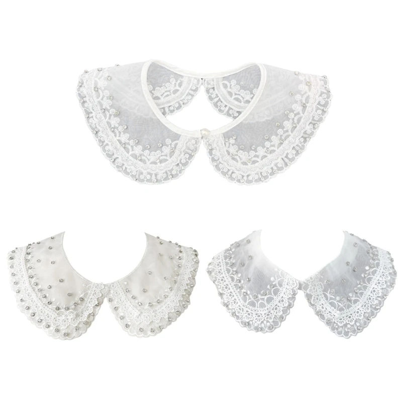 

S1Y1 Classical White Lace Trim Organza Faux Collar with Elegant Rhinestones Details