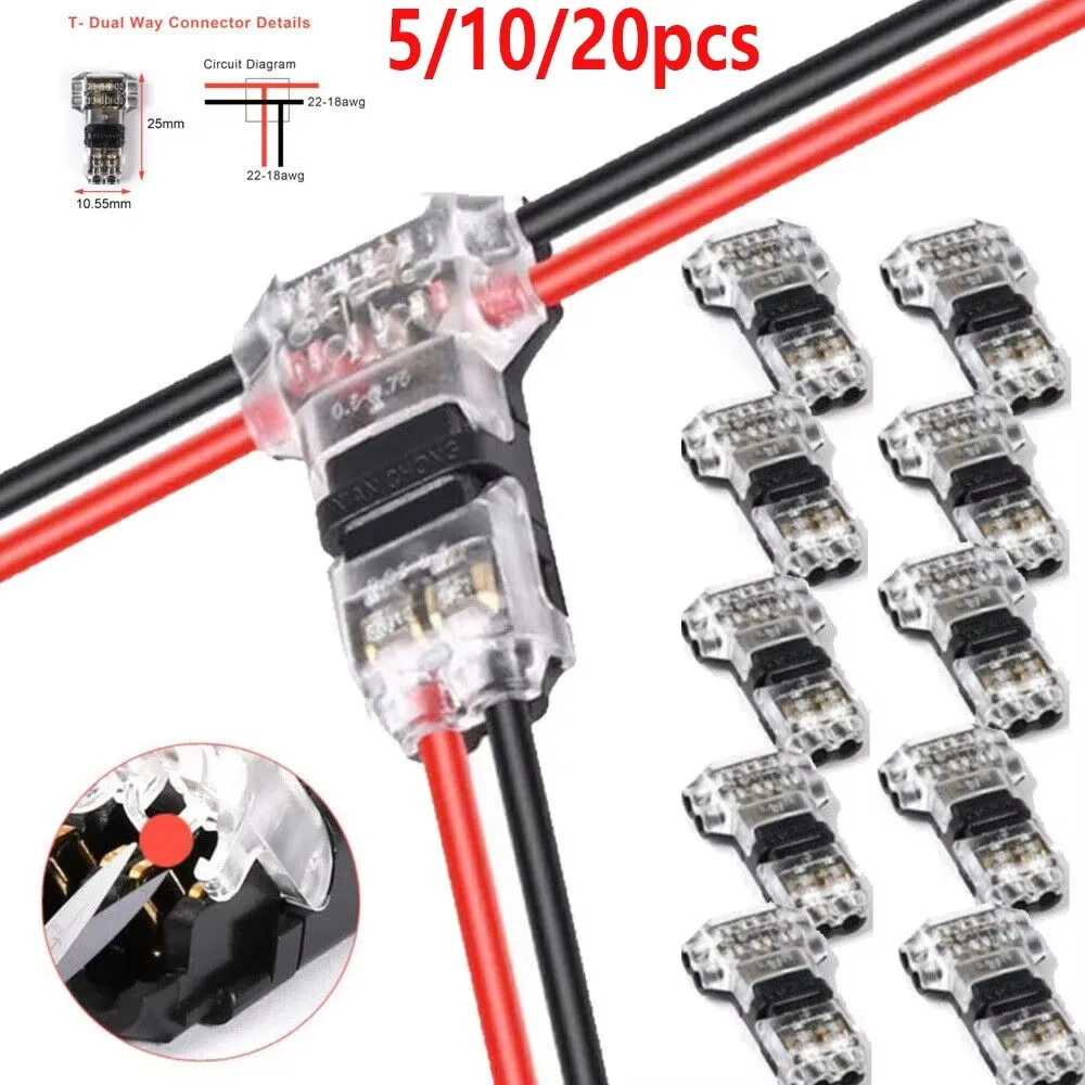 Connecteurs rapides T2 à clipser pour câbles, sans soudure, sans dénudage, 5/10/20 pièces, raccords de connexion, accessoires électriques pour auto