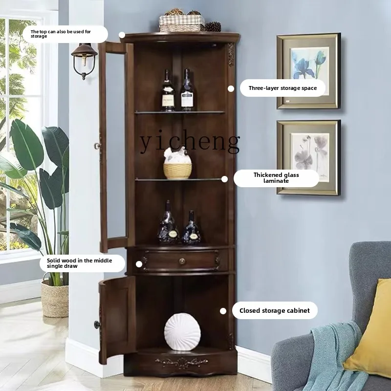 

GZ Corner Storage Cabinet Living Room Solid Wood High Wine Cabinet Fan-Shaped Floor Glass Cabinet for Home Use