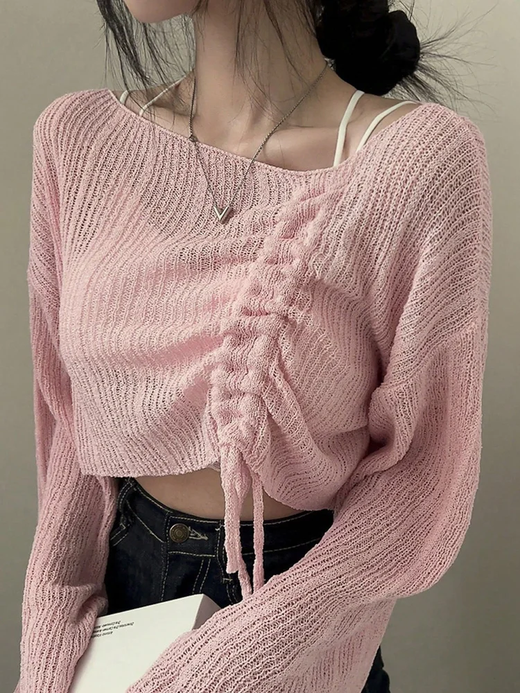 

Korean Sle Ultra-Thin Long Sve Knitted Sunscreen Women's Top with ter Hollow out Cover up Summer Design Sense