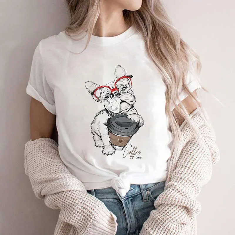 Fashion Female Graphic Tee Women French Bulldog Coffee Funny Clothing Summer T Clothing T-shirts Short Sleeve Casual Ladies