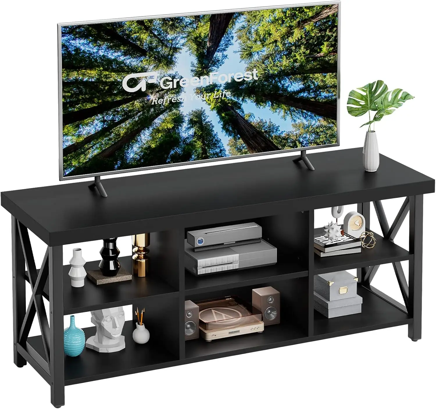 65-Inch TV Stand with 6 Storage Cabinets, Industrial Farmhouse Design for Living Room in Black
