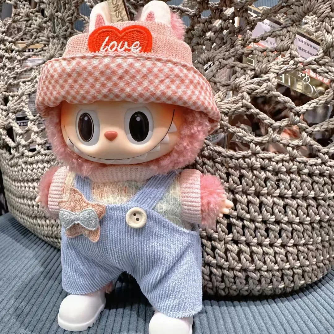 For15-17cm Labubu Macaron V1v2 Pluche Pop Kleding Speelgoed Hoed Leuke hanger Pop Dress Up T-shirt Overalls Set Alleen pop accessoires