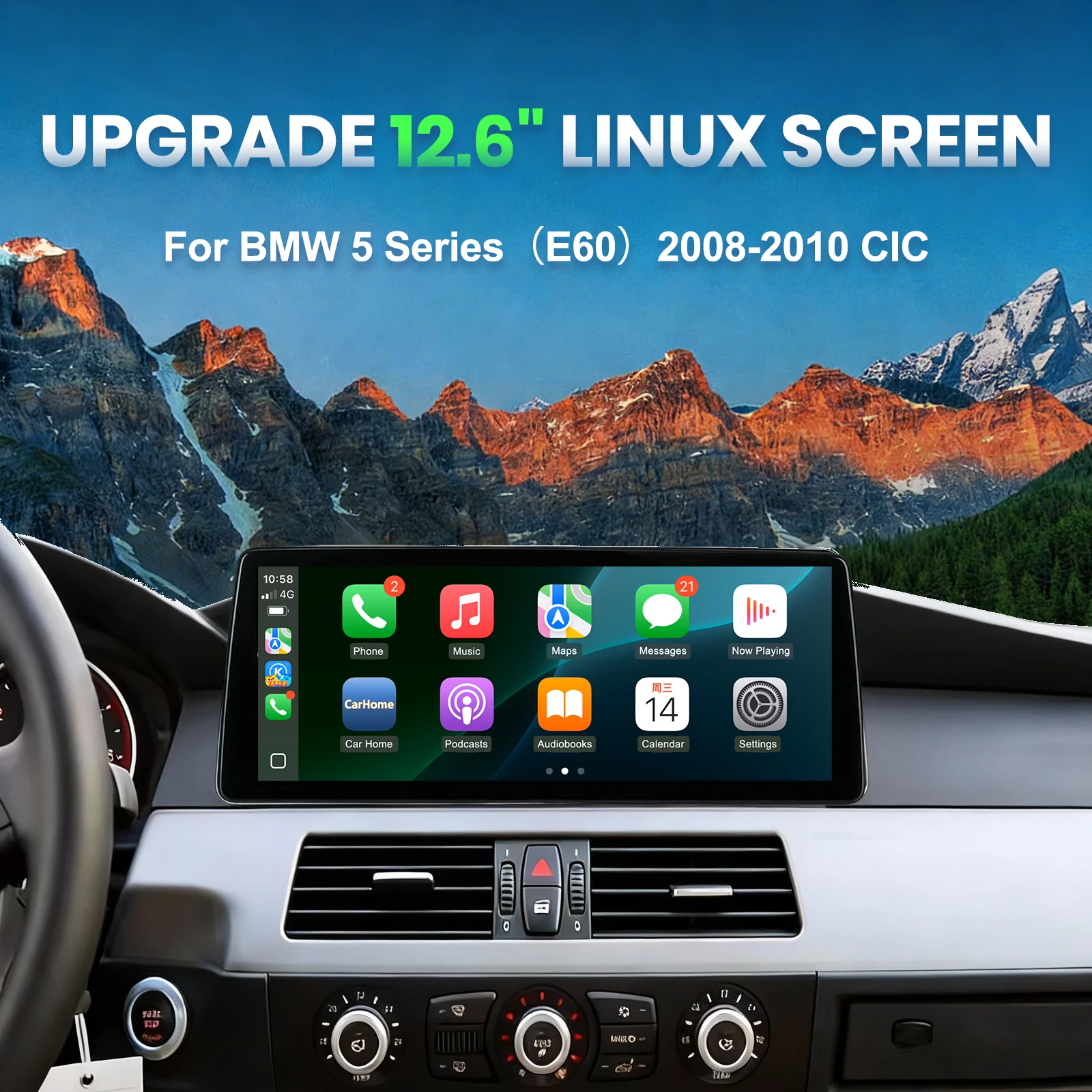 12.6 inch 2K Display Ultra Wide Linux Screen Upgrade for BMW E60 5 Series 2008-2010 CIC, Wireless CarPlay Android Auto Mirror Link 5G WiFi