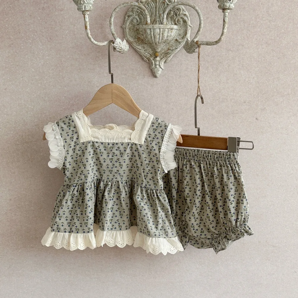 2026-夏新しい女の赤ちゃん花柄服セット幼児女の子ノースリーブベスト-ショーツ-2-個スーツ綿幼児女の子衣装