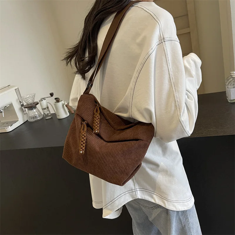 Japanese Corduroy Simple Sports Small Satchel Women's Solid Color Large-capacity Shoulder Bag Cross-border Versatile Breast Bag