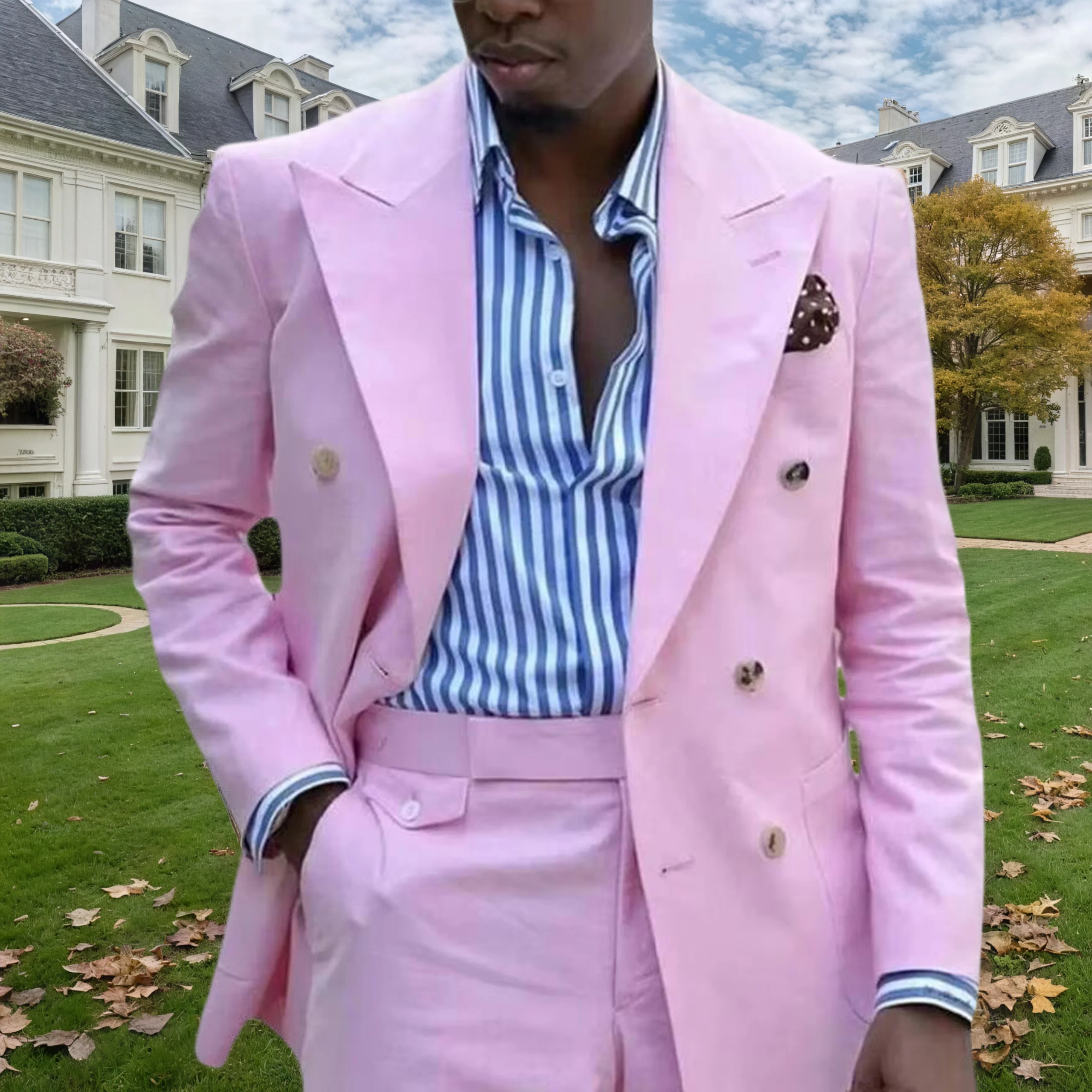

Latest Double Breasted Pink Suits for Men Slim Wedding Tuxedos for Groomsmen Terno Masculino Completo 2 Piece Blazer Pants Sets