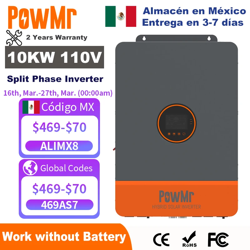 PowMr 10 kW Split-Phase-Wechselrichter 48 V 110 V 220 V Hybrid-Solar-Wechselrichter Dual MPPT Dual-Ausgang am Netz mit MPPT 200 A Solarladegerät