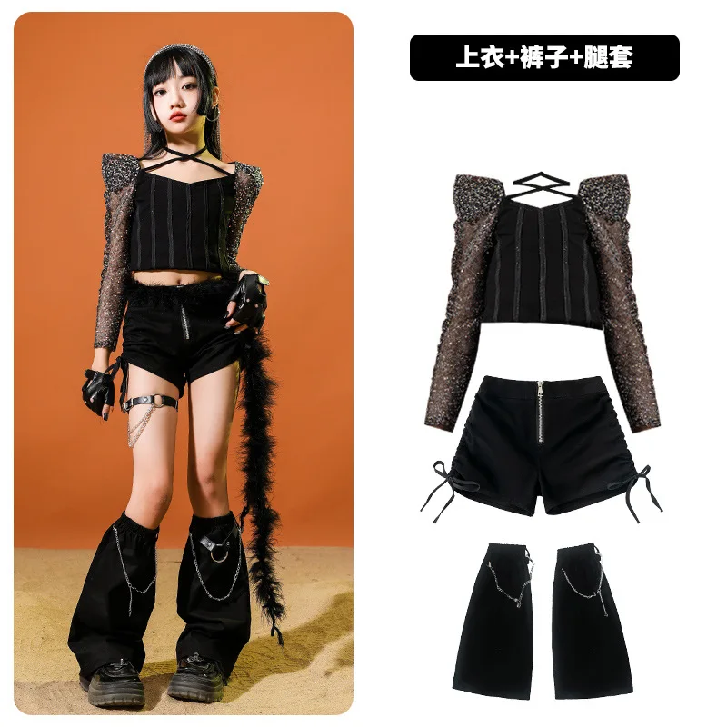 Kpop Black Jazz Dance Clothes Girls Shiny Crp Tops Pants Hip Hop