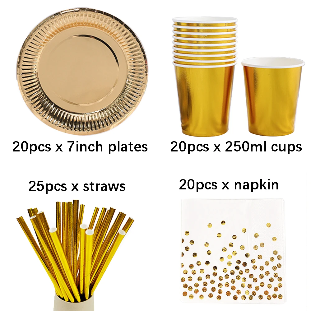 Gold Disposable Tableware Set Rose Gold Paper Plates Cups Napkins Banner Wedding Birthday Party Decoration Supplies