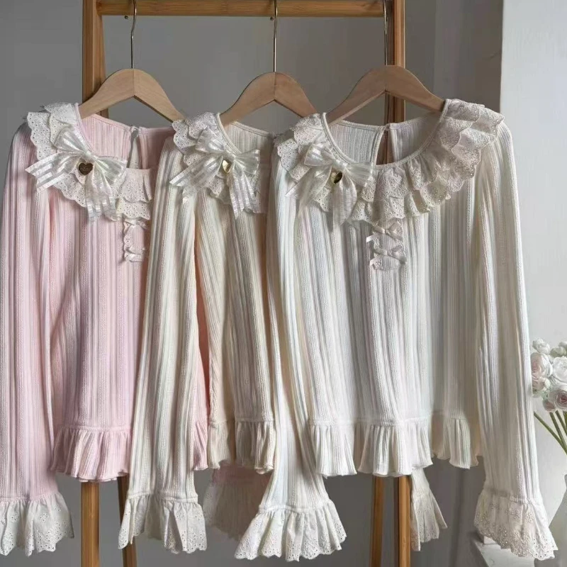 Autumn Winter Ruffles Lace Bow Sweater T-Shirts Women Japanese Kawaii Lolita Style Knited Tees Y2k Cute Slim Long Sleeves Tops