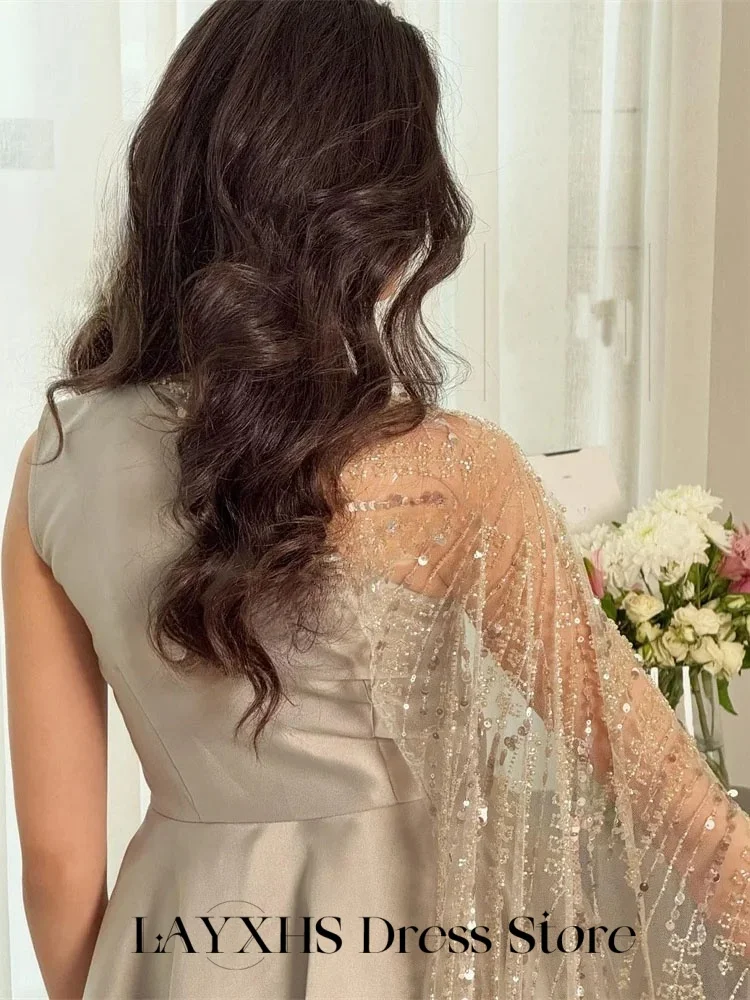 LAYXHS 絶妙なフォーマルイブニングドレス チュール ワンショルダー ケープ Aライン プリーツ アンクル丈 ドバイ プロムドレス カスタマイズされた فستان س