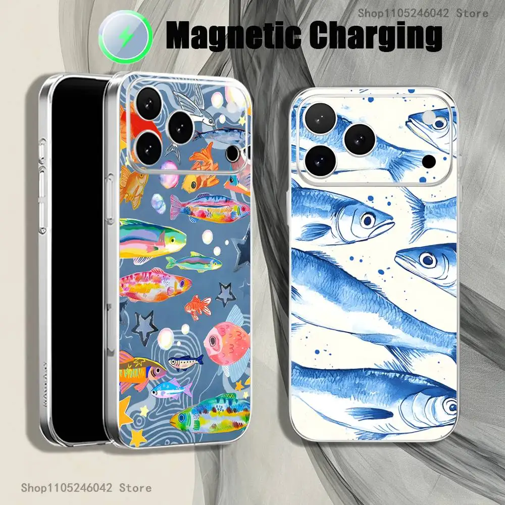 

The Newest Sardines Color Fish For iPhone 17,16,15,14,13,12,Pro,Max,Plus Magnetic Wireless Charging Transparent White Phone Case