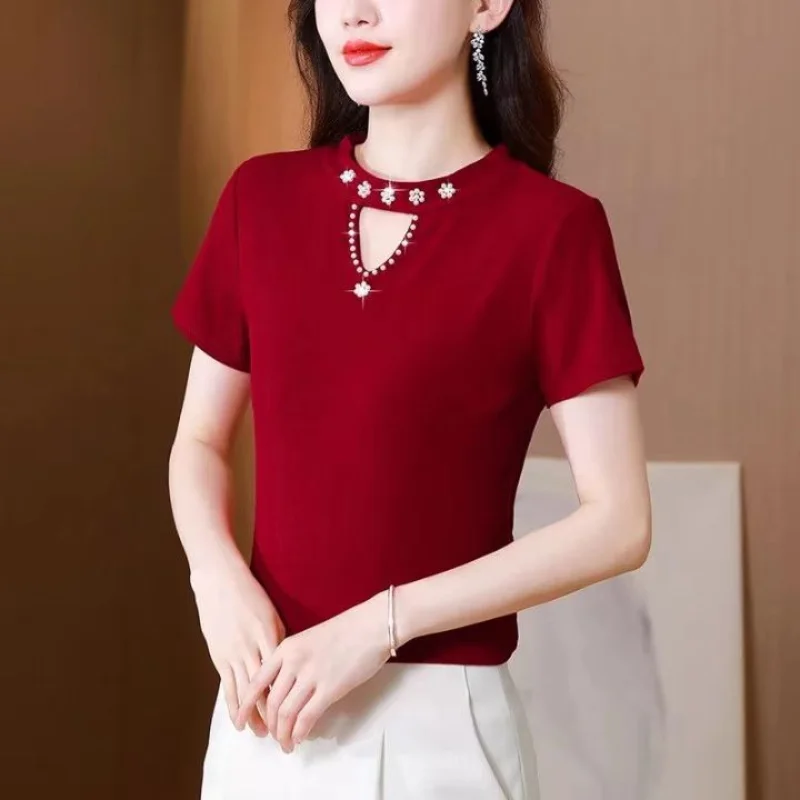 Women Spring New Fashion Sweet Crew Neck Pullovers Base Layers Solid Diamonds Hollow Out Knitted Versatile Short Sleeves Tops