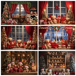 Merry Christmas Window Backdrop Xmas Tree Gifts Teddy Bear Family Party Decor Kids Photo Photographic Background Photo Studio