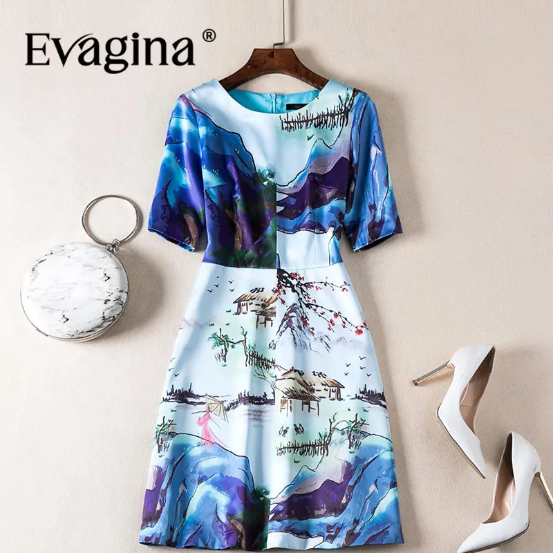 Evagina Fashion design Spring Summer Women's Short-Sleeved Ink wash Print Streetwear Blue S-XXL Mini Dresses