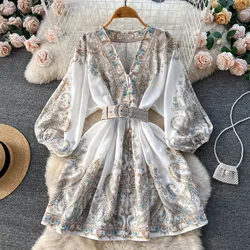 Spring New French Retro Printing Single-breasted V-neck Long Sleeve  Short Dress Women Fashion Party Vestido Feminino J069