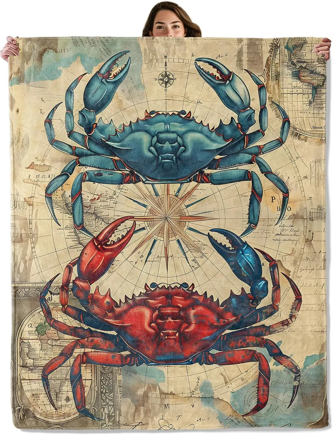 Giant Crab Vintage Nautical Map Blanket Throw Ocean Life Artwork Coastal Decor Cozy Bedspread Luxury 150x200cm